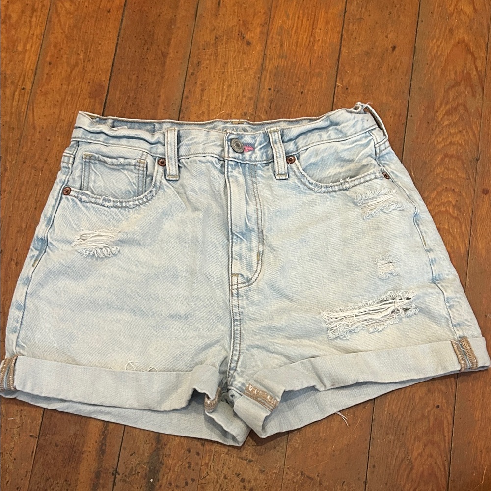 American Eagle Outfitters Light Wash Distressed Jean Shorts Rainbow Embroidery